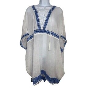 VITAMIN A Cotton Swim Cover Up Caftan White Blue Embroidery Pockets Women Small